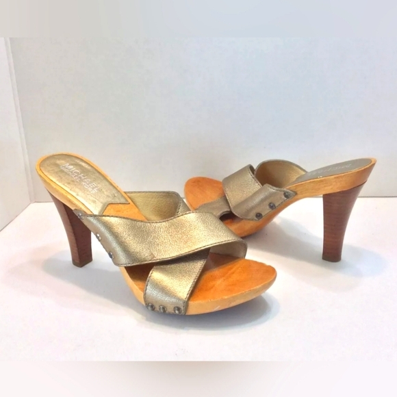 MICHAEL Michael Kors Gold Wood Strappy Slide Mules Heel Sandals Size 8M Brazil - Picture 1 of 8